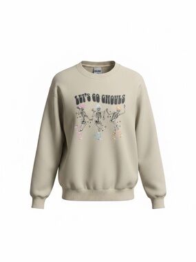 Gildan Beige Crewneck Sweatshirt with 'Let’s Go Ghouls' Skeleton Graphic